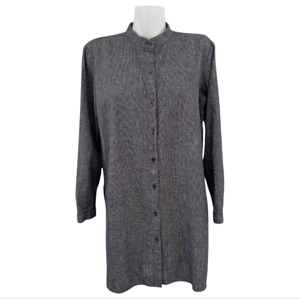 Eileen Fisher Hemp Cotton Tunic Long Shirt M Button Down Black Grid Side Slits